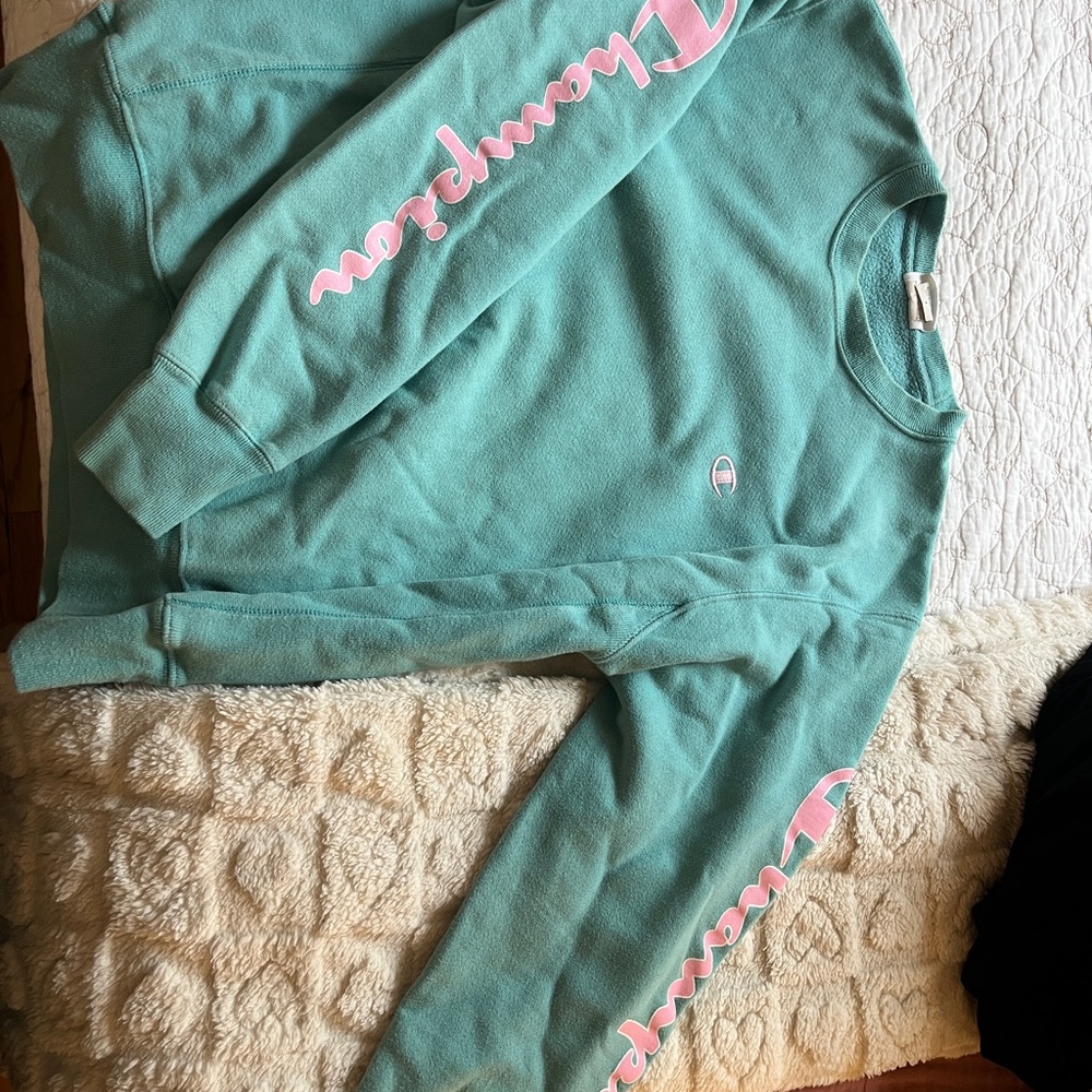 Champion Aqua Sweatshirt with Pink Accents